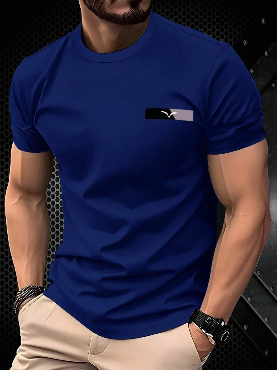 Manfinity Homme 男士简约海鸥标志修身休闲短袖T恤，简约百搭男士短袖上衣 - 藍色 - 查看 1