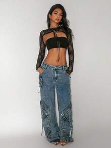 Jeanoix Women's Lace Fabric Sexy Daring Avant-Garde Blouse - Black - View 4