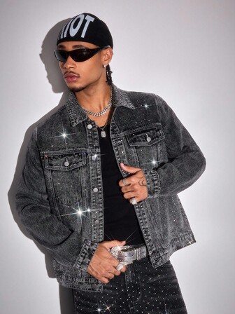 Street Life Men's Rhinestone Short Denim Jacket, Retro Street Style