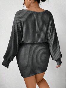 SHEIN Frenchy Plus Size Women's Solid Color Batwing Sleeve Ribbed Casual Belted Dress/Fall/Winter - Dark Grey - View 2