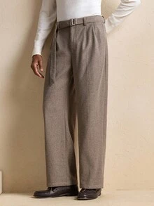 AKNOTIC Men's Solid Color Waistband Design Pleated Wide Leg Loose Casual Pants, For Fall - Brown - View 4