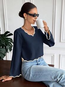 Serisse 女士休闲撞色贝壳边毛衣，秋冬 - 藏蓝色 - 查看 4