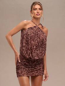 SHEIN BAE Summer Autumn Sexy Leopard Print Swing Neck Hip Shrink Mini Backless Dresses,Vacation Outfits Women,Mini Dress ,Sexy Dress,Beach Vacation Outfits,Halloween Clothes Women ,Halloween Costume