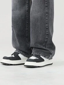 SHEIN Explorewe 青少年男孩休闲户外百搭简约舒适时尚单品水洗黑猫须斑驳松紧腰宽松直筒阔腿牛仔裤