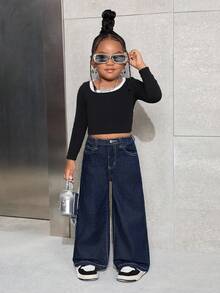 SHEIN 少女宽松骷髅手印深蓝色牛仔裤 - 深色水洗藍 - 查看 8