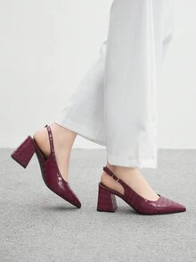 CUCCOO BIZCHIC 女士时尚黑色露跟尖头粗中跟高跟鞋，经典简约设计，适合通勤、约会、派对、度假、婚礼 - 酒紅色 - 查看 3