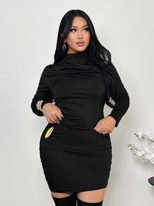 Firerie Vestido mini ajustado de manga larga con cintura fruncida, decoración de hebilla de metal negro, elegante y sexy para talla grande, ideal para fiestas, citas y festivales de música en primavera/otoño - Negro - Ver 2