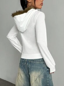 Jeanoix Áo khoác nỉ có mũ trùm đầu dành cho nữ, Áo khoác dáng ôm cổ điển gợi cảm - trắng - Xem 2