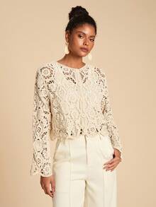 Travachic Cardigan décontracté à manches longues et ajouré pour femmes, léger, pour l'automne. Hauts au crochet pour femmes, pour les fêtes de Noël, le Nouvel An, les invités de mariage, la remise des diplômes élégante, le bal de promo de luxe, le style décontracté - Nude - Voir 6