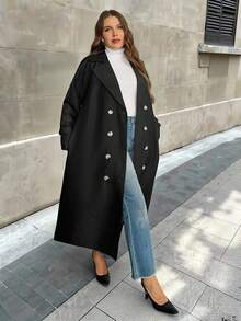 Firerie Plus Size Casual Solid Color Double-Breasted Windbreaker, Autumn Halloween Plus Size Fall Winter/Spring And Autumn Long-Sleeved Straight Double-Breasted Trench Coat With Pockets / Office Lady's Daily Wear Thin Coat / Suit Collar Contrast Button Coat