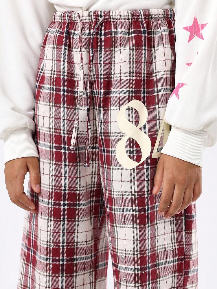 White Crop Sweatshirt With Plaid Check Pants Set