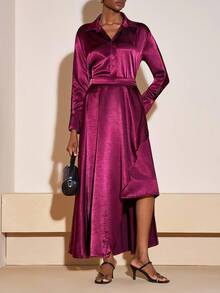 Zivah Deep Purple Autumn Elegant Dining 2-Piece Set: Long Sleeve Satin Blouse & Asymmetric Skirt,Wedding Guest Boho,Commute,Brunch,Party Holiday Outfit - Brown - View 7