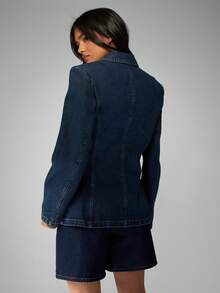 MISSGUIDED Cotton Denim Blazer Jacket Double Button Tailored Fitted Classic Vintage Retro High Fashion Office Business Professional Fall Winter Collection - Dark Wash - View 2