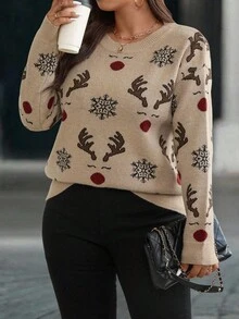EMERY ROSE Plus Size Women's Christmas Party Snowflake Knit Sweater Top - Multicolor - View 4