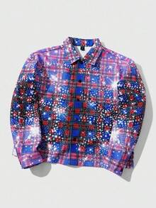 ROMWE MEN Street Life Unisex Gradient Plaid Blazer With Rhinestone Effect, Autumn/Winter Design - Red - View 6