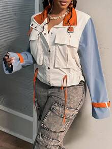 Slaydiva Women's Plus Size Contrast Color Block Drawstring Hem Jacket For Everyday Wear, Autumn/Winter - Multicolor - View 6