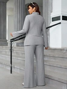 Easura 2 Stück/Set Frauen Große Größen Minimalistischer Rollkragen Langarm Bluse mit asymmetrischem Saum und weite Bein Hose Anzug