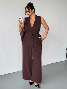 Firerie Plus Size Women Solid Color Shawl Collar Belted Sleeveless Blazer And Pants Casual Commuter 2 Pieces Set Brown Jumpsuit Women Plus Size Formal Jumpsuit Brown Two Pieces Set Women 2 Piece Sets Woman Classy Maternity Clothes Two Pieces Suits Autumn Winter Clothes For Women Brown Two Piece Set Women Maternity Clothes Two Piece Suits