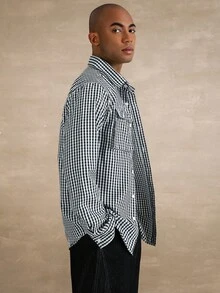 STYNVO Camisa casual de manga larga con bolsillo de carga de solapa única a cuadros para hombres, camisa holgada a cuadros de manga larga, camisas holgadas para hombres, ropa de calle, camisa de manga larga para hombres, otoño - Blanco y Negro - Ver 4