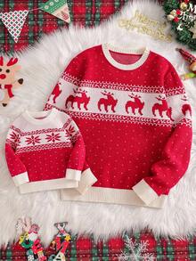 Baby Girl Casual Christmas Geometric & Polka Dot Pattern Raglan Sleeve Pullover Sweater, Autumn/Winter Fall - Red - View 1