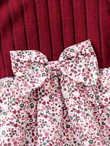 SHEIN 女婴休闲碎花长袖罗纹针织连衣裙，秋季 - 酒紅色 - 查看 5