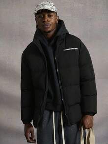 PAVTROS 男式字母印花拉链休闲冬季夹克 - 黑色 - 查看 8