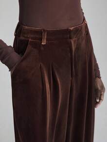 Ontre Women's Espresso Brown Winter Velvet Pants,Elegant Party Shiny Pocket Elastic Waist Wide Leg Trousers,Business Commute Old Money Style Office Wear - Rust Brown - View 6