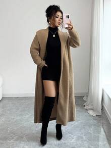 Selianne 25-30+ 休闲派对优雅仿毛领超长外套，冬季 - 棕色 - 查看 1