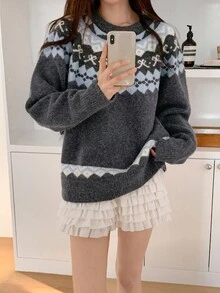 DAZY Women's Crew Neck Contrast Color Casual Loose Fit Long Sleeve Sweater, Korean Style, Autumn/Winter,New Year,Christmas