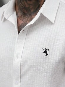 Manfinity Homme 男士白色提花条纹休闲商务刺绣长袖衬衫，秋季 - 白色 - 查看 3