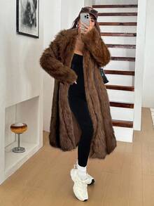 SHEIN EZwear 女式棕色立领长袖口袋长款优雅蓬松人造皮草大衣，秋冬 - 棕色 - 查看 4