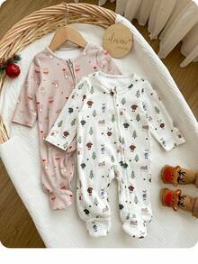 2pcs Newborn Baby Boy/Girl Cute Cartoon Print Knit Long Sleeve Romper Pajamas Set - Multicolor - View 3