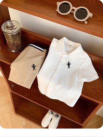 2pcs/Set Baby Boy Horse Print Lapel Short Sleeve Shirt And Elastic Waist Shorts
