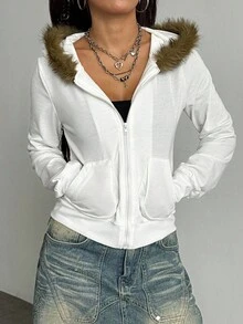 Jeanoix Áo khoác nỉ có mũ trùm đầu dành cho nữ, Áo khoác dáng ôm cổ điển gợi cảm - trắng - Xem 4