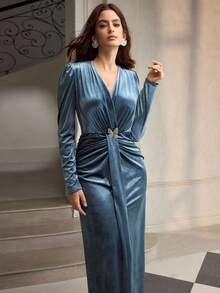 ZEYLAH 秋冬款褶饰腰部天鹅绒连衣裙 - 藍色 - 查看 4