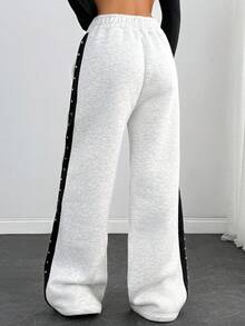 EURMUSE Rhinestone Side Detailed Brushed Light Grey Melange Sweatpants - Light Grey - View 2