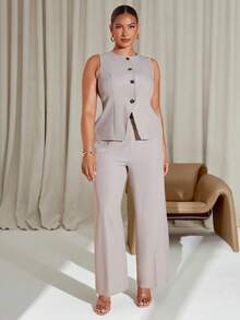 SHEIN BAE Plus Size Women's Business Solid Color Minimalist High-End Sleeveless Blazer And Pants Suit Set In Fall/Winter - Apricot - View 2