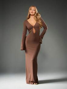 MISSGUIDED 长袖镂空低胸罗纹针织长裙秋冬晚会俱乐部修身喇叭袖及地长裙 - 棕色 - 查看 4