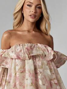 MISSGUIDED Đầm ngắn Bardot bằng chiffon họa tiết hoa, trễ vai, tay dài loe, xếp nếp, thích hợp cho đám cưới, lễ tốt nghiệp, mùa xuân hè, tiệc vườn, các dịp đặc biệt. - Hồng - Xem 5