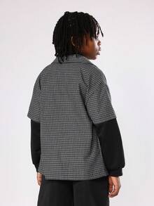 SUMWON 青少年男孩黑色格纹双层长袖棉质休闲衬衫纽扣式多层外观经典街头时尚多层袖子独特设计 - 黑色 - 查看 2