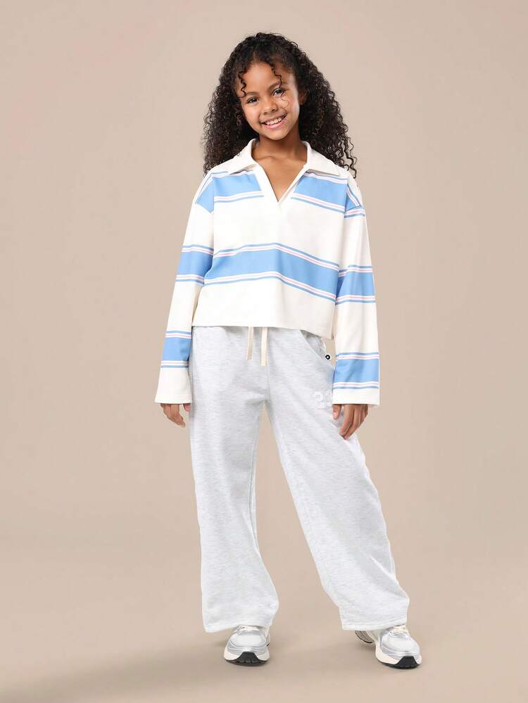Striped Polo Neck Set With Wide Leg Pants