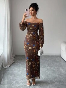 Rafferiza Gaun Wanita Elegan Tanpa Bahu dengan Motif Ranting Bunga, Jala, Pinggang Elastis, Detail Kerut, Bodycon, dan Belahan Tinggi dengan Lengan Lentera. - Coffee Brown - View 1