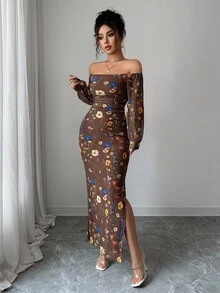 Rafferiza Gaun Wanita Elegan Tanpa Bahu dengan Motif Ranting Bunga, Jala, Pinggang Elastis, Detail Kerut, Bodycon, dan Belahan Tinggi dengan Lengan Lentera. - Coffee Brown - View 3