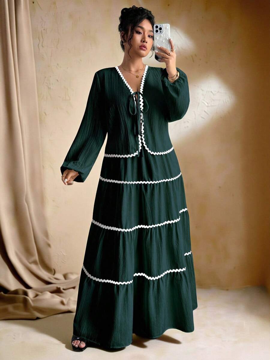 SHEIN Tall 加大码女式编织纹理长袖开衫，搭配系带腰带、撞色荷叶边下摆设计、松紧腰长裙、法式优雅浪漫两件套 - 綠色 - 查看 1