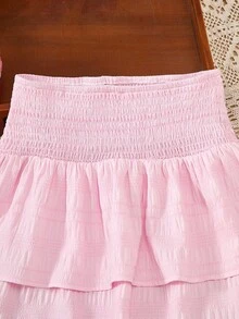 Tween Girls' Ruched Waist Double Ruffle Skirt, Sweet & Elegant, High Waist Design, Ruffle Details, Double Ruffle Hem, Soft - Pink - View 5