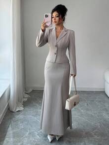 Modelyn 女式梭织条纹长袖开衫和裙子套装 - 卡其色 - 查看 1