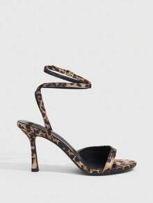 CUCCOO SZL Multi-Color Leopard Print Satin Satin Ankle Strap Fashionable Sexy Elegant French Style 8.8CM High Heel Round Toe Stiletto Sandals
