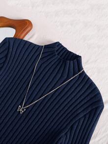 SHEIN Essnce Váy len co giãn thoải mái, cổ đứng cỡ lớn, vừa vặn - Xanh đậm - Xem 3