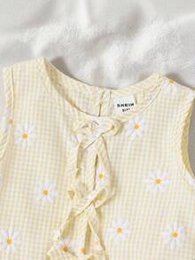 SHEIN Vintaside Kids 女婴两件套，蓝白条纹花卉印花无袖上衣搭配同色裤子，清新乡村风，适合海滩度假、公园郊游、日常穿着 - 杏色 - 查看 4