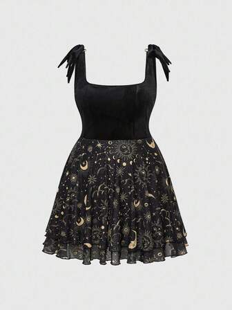 Robe vintage romantique hippie grande taille en velours avec patchwork soleil, lune et étoile, taille resserrée